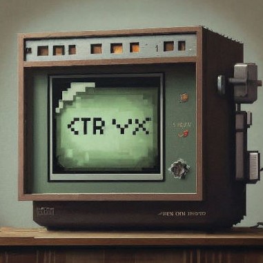 An edited generated pixel image of an old-school computer with the words CTRVX of the green screen 