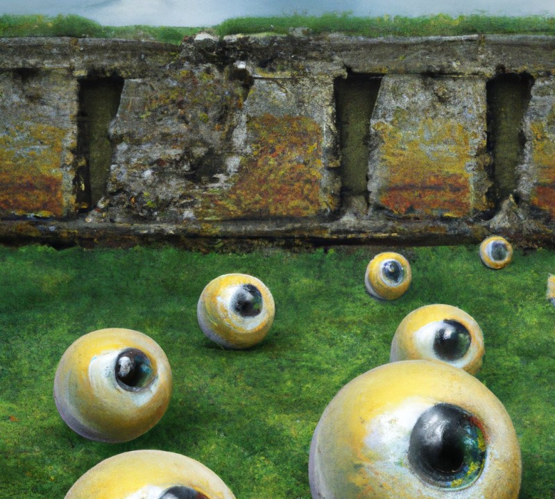 A Generated Image of Eyeballs on the Grass in a Walled Garden